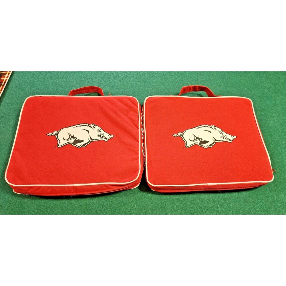 2 Northpole ARKANSAS RAZORBACK Seat Cushions 14x12 handles padded FOOTBALL